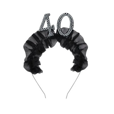 Cerchietto Frontino 40 Anni con volant in tessuto nero e numero 40 decorato con perle