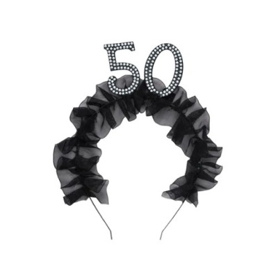 Cerchietto Frontino 50 Anni con volant in tessuto nero e numero 50 decorato con perle
