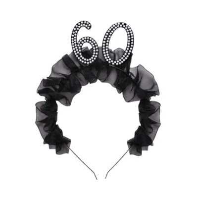 Cerchietto Frontino 60 Anni con volant in tessuto nero e numero 60 decorato con perle