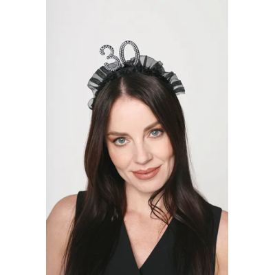 Cerchietto Frontino 30 Anni con volant in tessuto nero e numero 30 decorato con perle