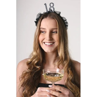 Cerchietto Frontino 18 Anni con volant in tessuto nero e numero 18 decorato con perle