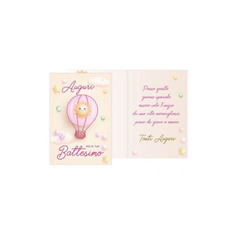 Biglietto d'auguri BATTESIMO Bimba bambina con mongolfiera e sole ROSA - con busta