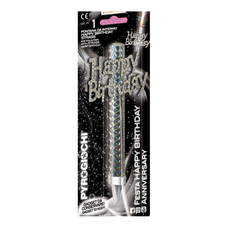 Candela Fiaccola HAPPY BIRTHDAY - Fontana per Torta con numero glitterato Argento