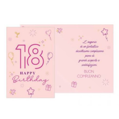 Biglietto d'auguri augurale 18 Anni - Happy Birthday rosa  - completo di busta