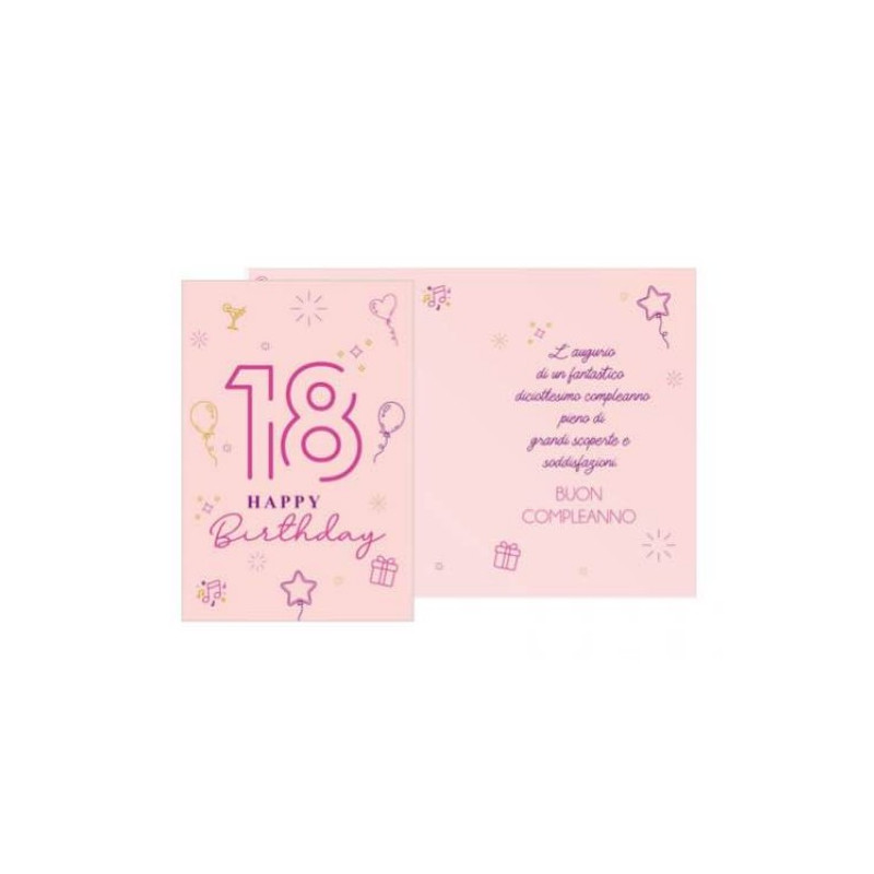 Biglietto d'auguri augurale 18 Anni - Happy Birthday rosa  - completo di busta