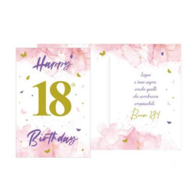 Biglietto d'auguri augurale 18 Anni - Happy Birthday rosa oro - completo di busta