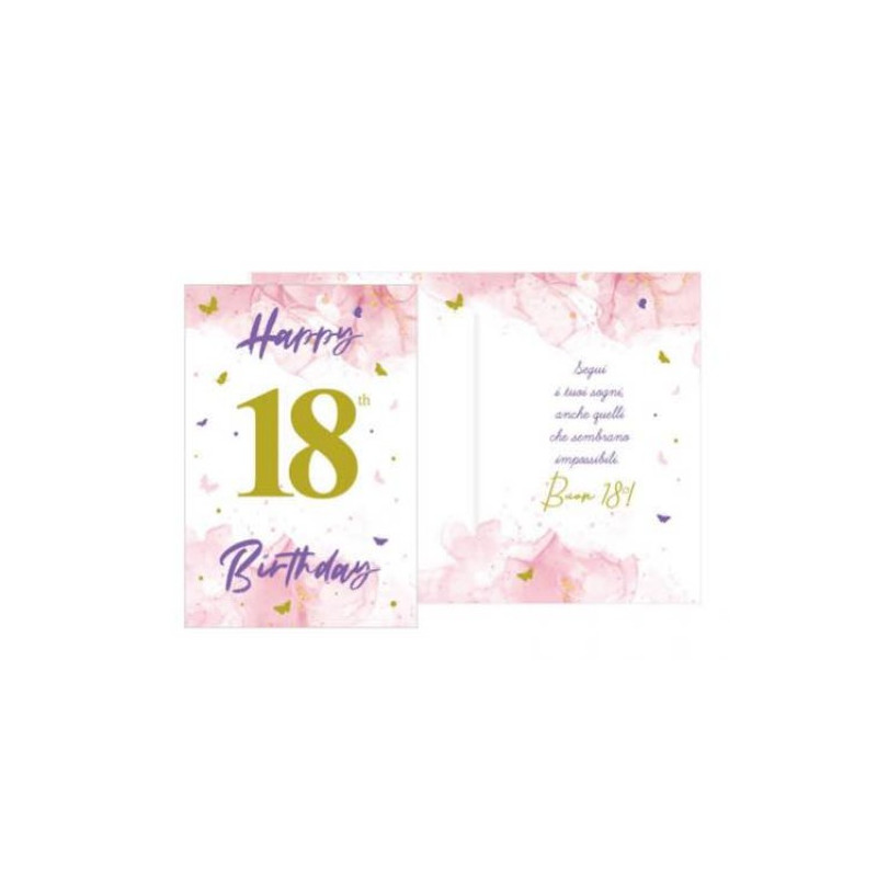 Biglietto d'auguri augurale 18 Anni - Happy Birthday rosa oro - completo di busta