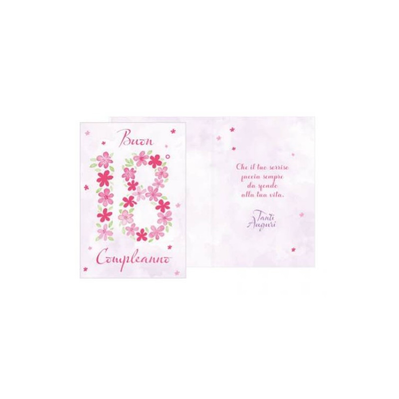 Biglietto d'auguri augurale 18 Anni - stampa fiori rosa fucsia - completo di busta