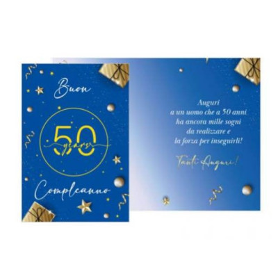 Biglietto d'auguri augurale 50 anni Compleanno con numero BLU ORO - completo di busta