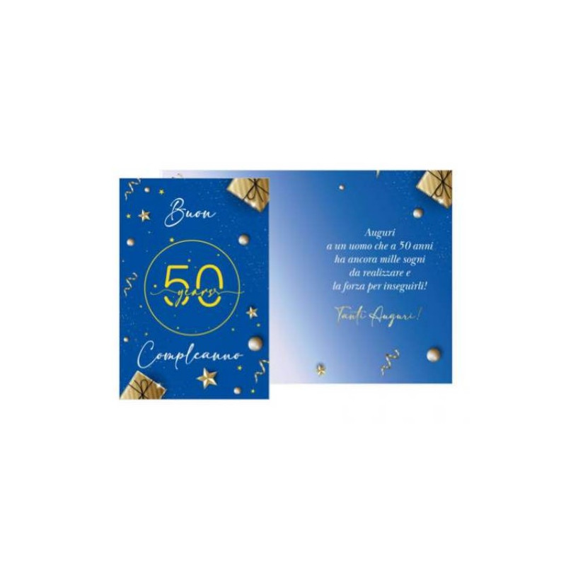Biglietto d'auguri augurale 50 anni Compleanno con numero BLU ORO - completo di busta