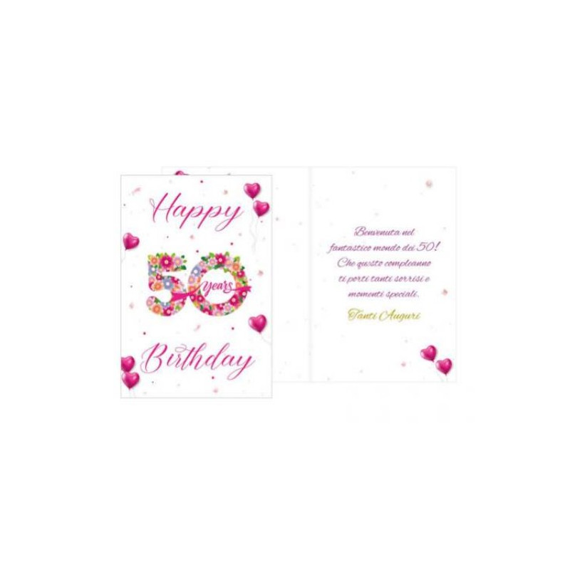 Biglietto d'auguri augurale 50 anni Compleanno con numero con fiori - completo di busta