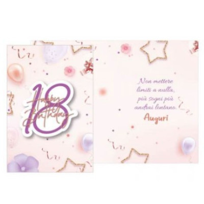 Biglietto di auguri 18 anni Palloncini Rosa con ciondolo a forma di 18 in legno