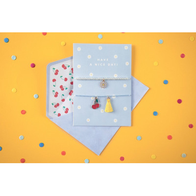 Biglietto di auguri con scritta HAVE A NICE DAY! con 2 braccialetti e busta 10,5x14,8 cm