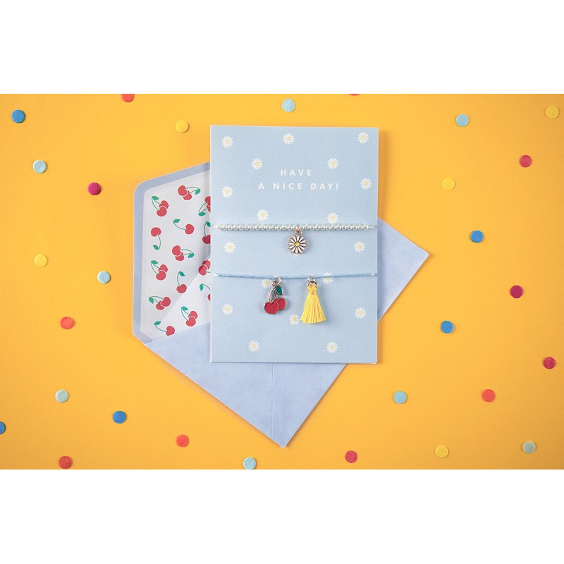 Biglietto di auguri con scritta HAVE A NICE DAY! con 2 braccialetti e busta 10,5x14,8 cm