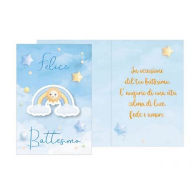 Biglietto d'auguri BATTESIMO bambino Bimbo Celeste - ciondolo in legno arcobaleno