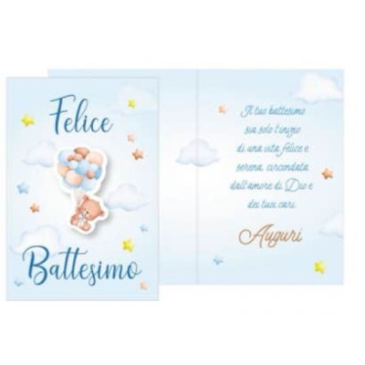 Biglietto d'auguri BATTESIMO bambino Bimbo Celeste - ciondolo in legno orsetto