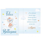Biglietto d'auguri BATTESIMO bambino Bimbo Celeste - ciondolo in legno orsetto