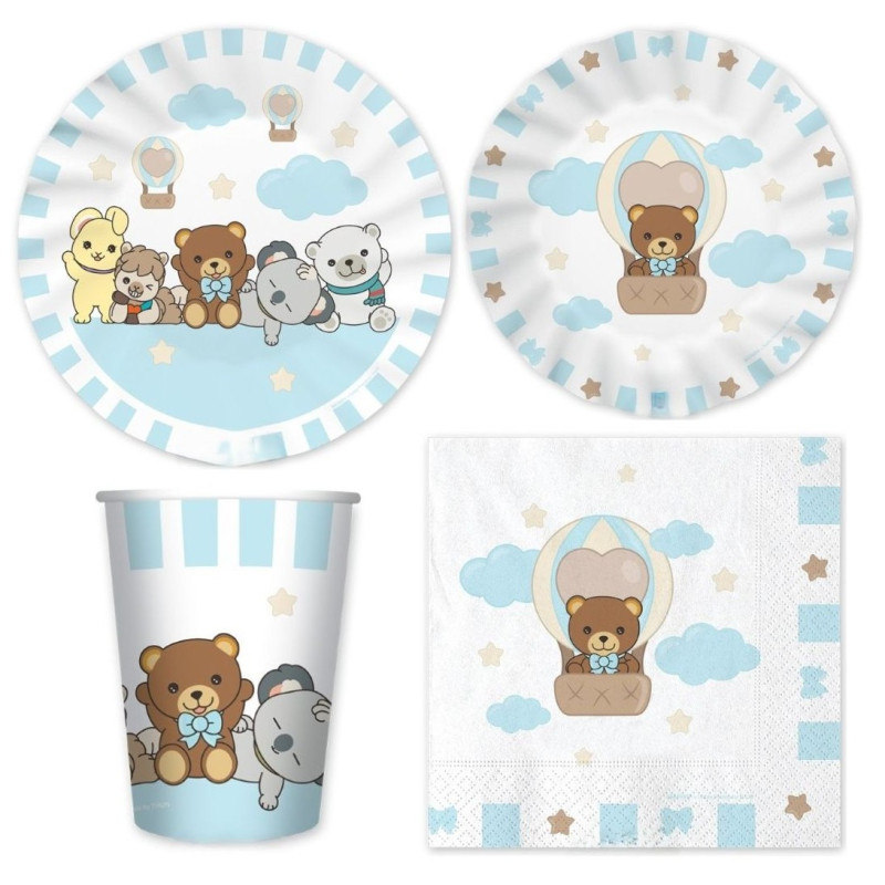 Kit coordinato tavola festa THUN teddy friend Celeste orsetto - piatti bicchieri tovaglioli