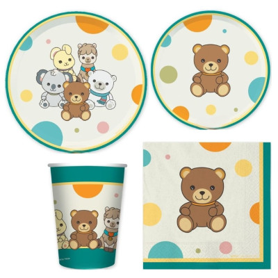 Kit coordinato tavola festa THUN teddy friend verde orsetto - piatti bicchieri tovaglioli