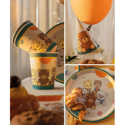 Kit coordinato tavola festa THUN teddy friend verde orsetto - piatti bicchieri tovaglioli