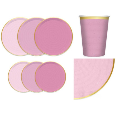 Kit coordinato tavola festa RUSTIC PEONY variante rosa - piatti bicchieri tovaglioli