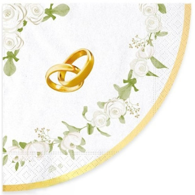 16 Tovaglioli in carta con FEDI e rose - bordo ORO lucido - decoro matrimonio 25x25cm