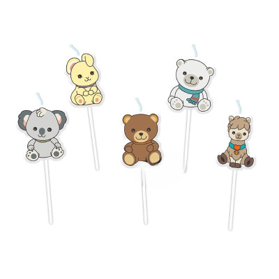 Set 5 Candela in cera TEDDY FRIENDS per Compleanno Bambino/a - candeline 4 cm