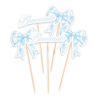 Set 5 mini Cake Topper in carta Benvenuto e Fiocchi Celeste - decorazione torte dolci