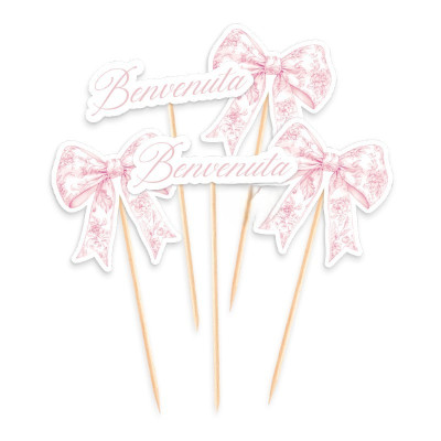 Set 5 mini Cake Topper in carta Benvenuto e Fiocchi Rosa - decorazione torte dolci