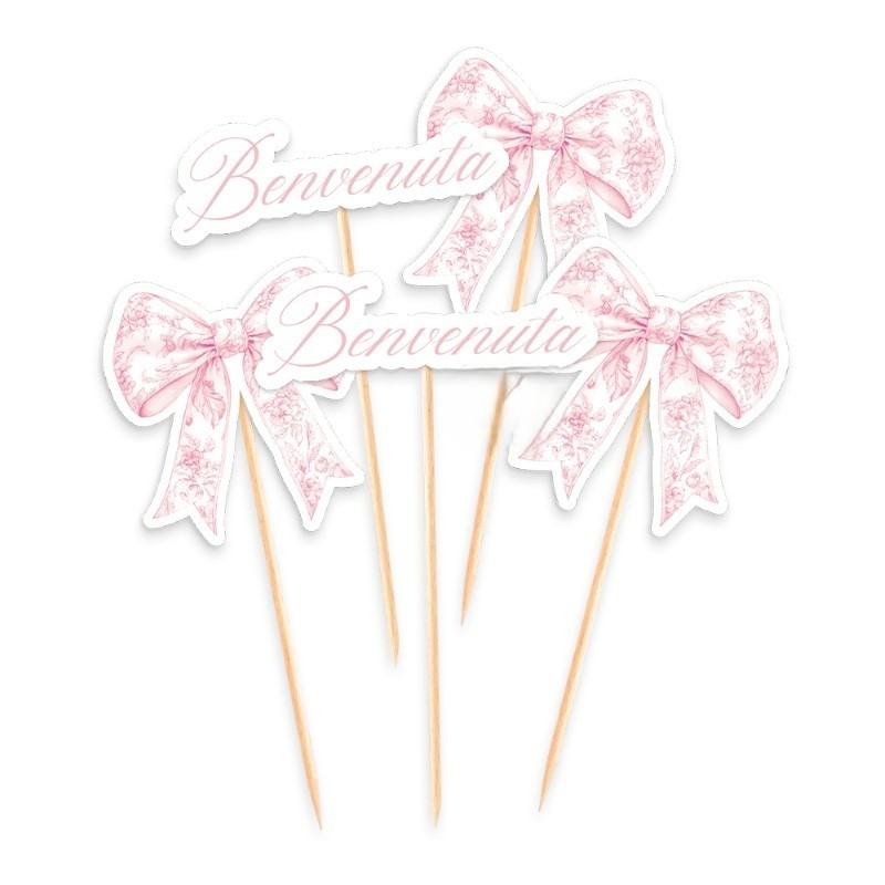 Set 5 mini Cake Topper in carta Benvenuto e Fiocchi Rosa - decorazione torte dolci