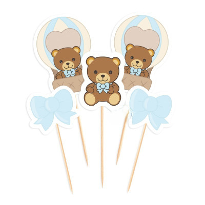 Set 5 mini Cake Topper in carta ORSETTO celeste Teddy Friends By Thun - decorazione torte dolci