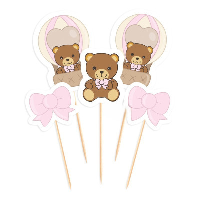 Set 5 mini Cake Topper in carta ORSETTO rosa Teddy Friends By Thun - decorazione torte dolci