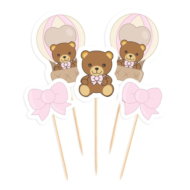 Set 5 mini Cake Topper in carta ORSETTO rosa Teddy Friends By Thun - decorazione torte dolci