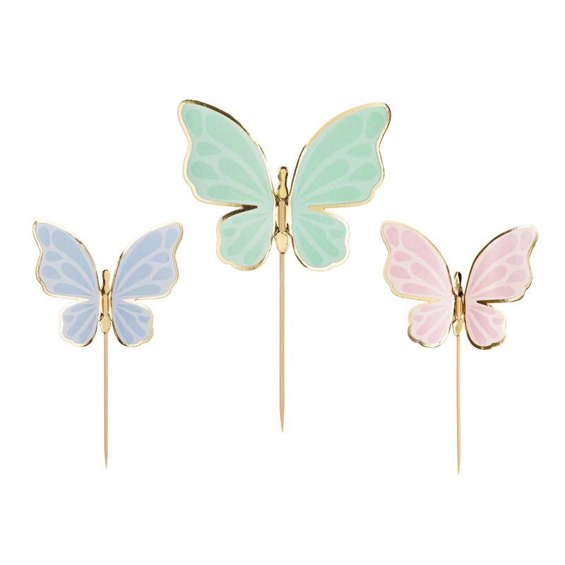 Set 9 mini Cake Topper in carta FARFALLE bordo oro - decorazione torte dolci