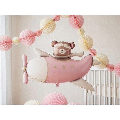 PALLONCINO pallone in foil Mylar a forma Aereo Rosa con Orsetto 111x81,5cm