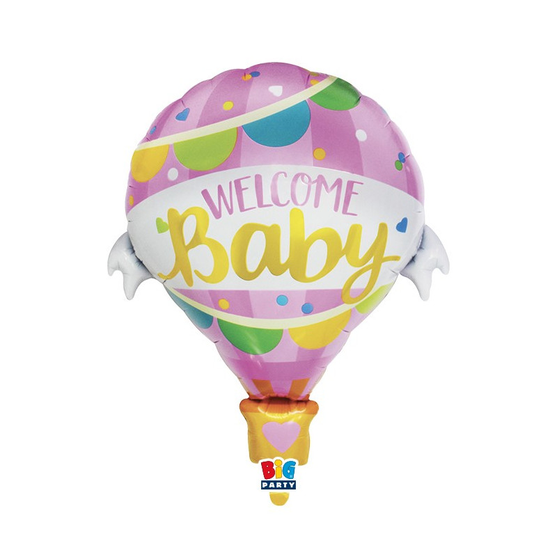 Pallone a forma di Mongolfiera WELCOME BABY benvenuta ROSA Nascita Bimba - 64x78cm
