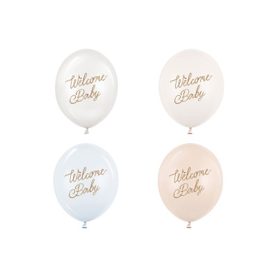 10 Palloncini Stampa WELCOME BABY in lattice Celeste Bianco Pelle con stampa oro 30 cm