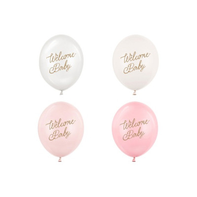 10 Palloncini Stampa WELCOME BABY in lattice Rosa Bianco con stampa oro 30 cm
