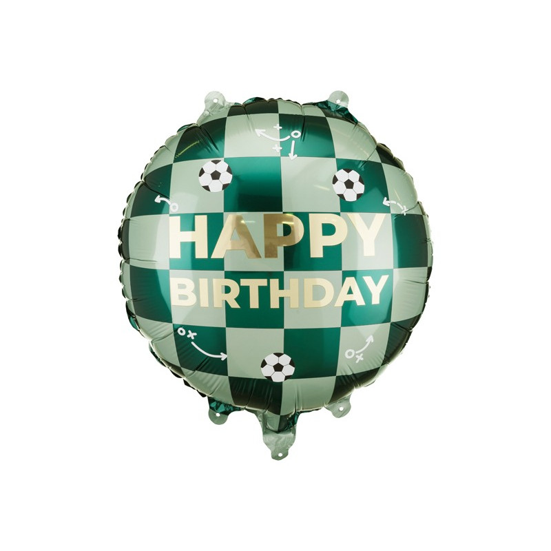 Pallone PALLONCINO in Mylar sfondo verde a scacchi con palloni da calcio e scritta dorata Happy Birthday 35 cm