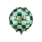 Pallone PALLONCINO in Mylar sfondo verde a scacchi con palloni da calcio e scritta dorata Happy Birthday 35 cm