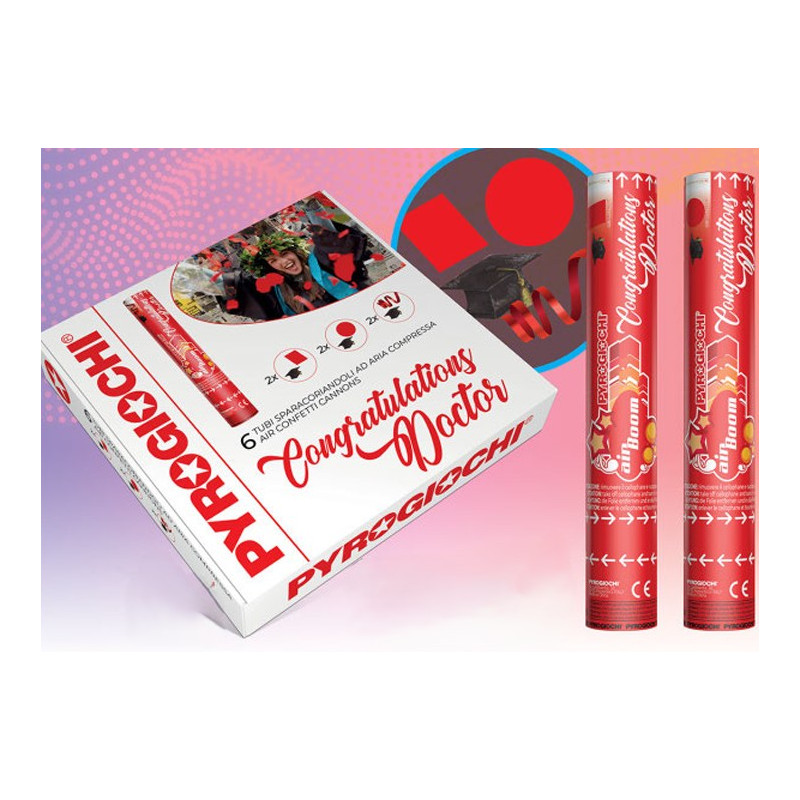 Set 6 Cannone SPARACORIANDOLI LAUREA cappellini, coriandoli tondi rettangoli e stellefilanti ROSSI Tubo lancia coriandoli 30cm