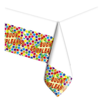 Tovaglia in plastica BUON COMPLEANNO con stampa stelle multicolor 140X270cm