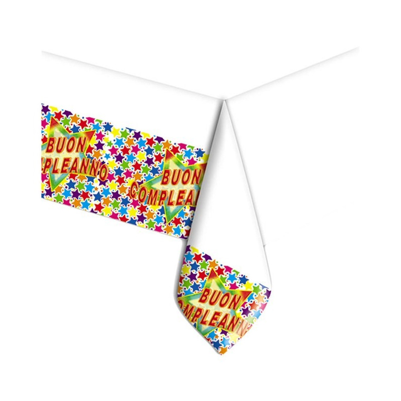 Tovaglia in plastica BUON COMPLEANNO con stampa stelle multicolor 140X270cm