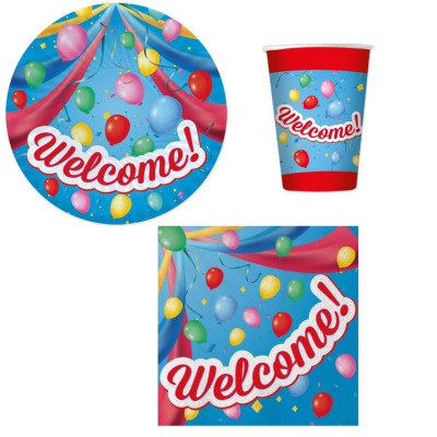 Coordinato tavola WELCOME! con scritta e palloncini piatti bicchieri tovaglioli