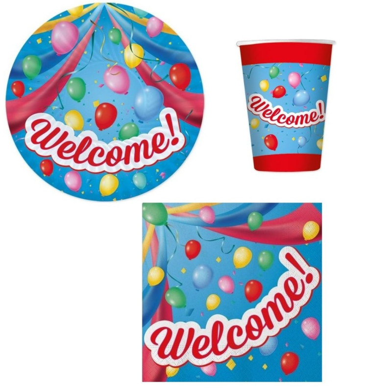 Coordinato tavola WELCOME! con scritta e palloncini piatti bicchieri tovaglioli