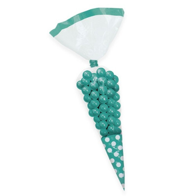10 x BUSTINE sacchetto cono in plastica pois acqua marina con chiudi busta h25cm