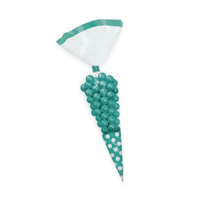 10 x BUSTINE sacchetto cono in plastica pois acqua marina con chiudi busta h25cm