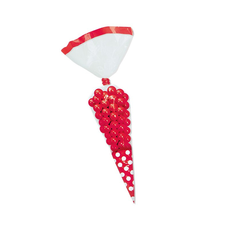 10 x BUSTINE sacchetto cono in plastica pois rosso con chiudi busta h25cm