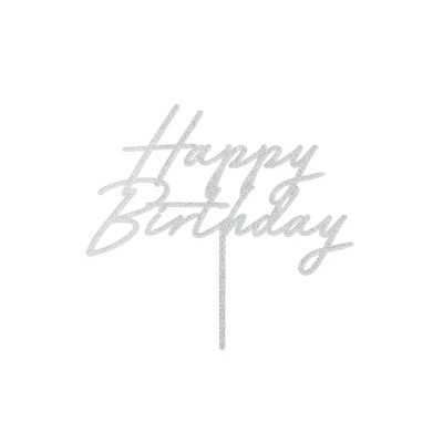 Cake Topper in acrilico scritta HAPPY BIRTHDAY argento glitter decorazione torte dolci 18x16,5cm