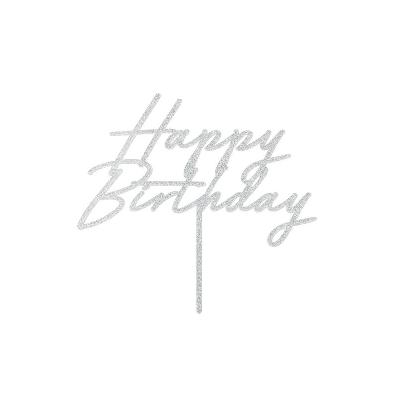 Cake Topper in acrilico scritta HAPPY BIRTHDAY argento glitter decorazione torte dolci 18x16,5cm